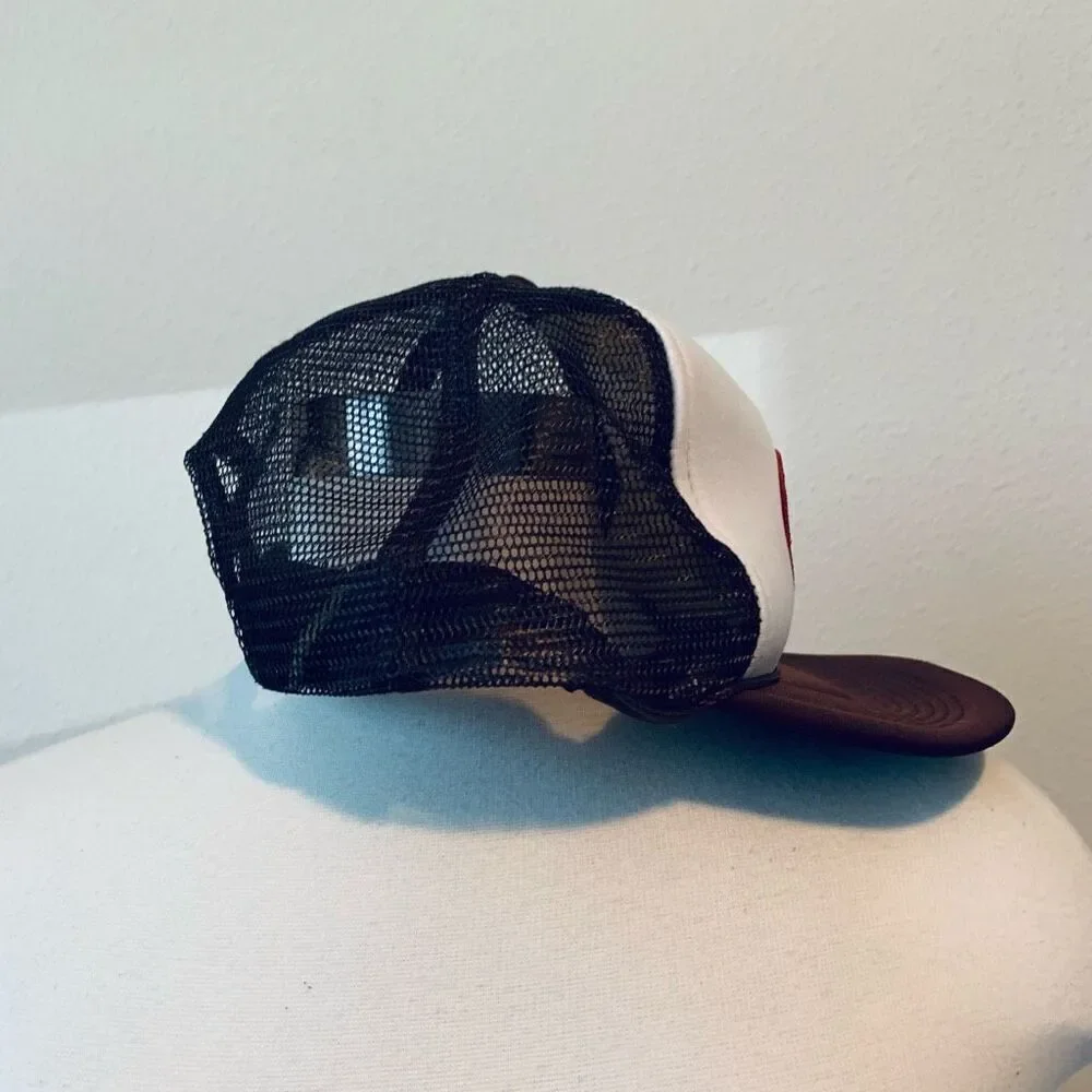 Vintage Brown Novelty Patch Graphic Mesh SnapBack Trucker Hat Rope